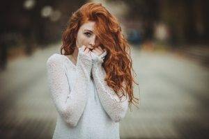 women, Redhead, Freckles, Long Hair, Curly Hair, Hair In Face, Looking At Viewer, White Sweater