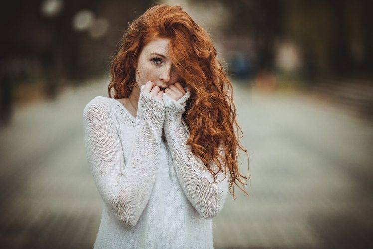 women, Redhead, Freckles, Long Hair, Curly Hair, Hair In Face, Looking At Viewer, White Sweater HD Wallpaper Desktop Background