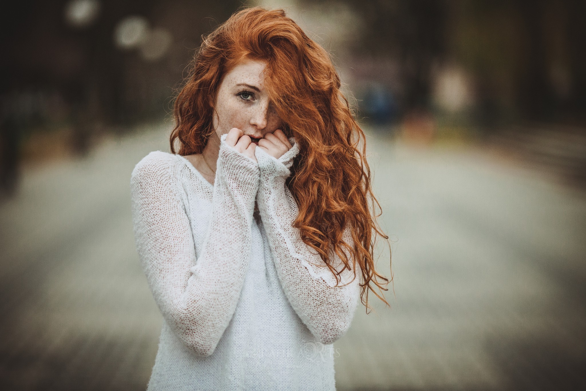 women, Redhead, Freckles, Long Hair, Curly Hair, Hair In Face, Looking At Viewer, White Sweater Wallpaper