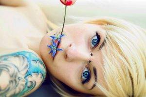 women, Tattoos, Blonde, Blue Eyes, Tattoos Women, Piercing, Flower In Mouth, Flowers, Piercing Eyes