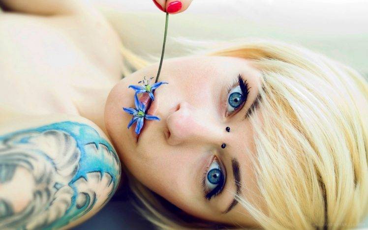 women, Tattoos, Blonde, Blue Eyes, Tattoos Women, Piercing, Flower In Mouth, Flowers, Piercing Eyes HD Wallpaper Desktop Background