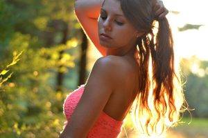 women, Women Outdoors, Looking Down, Bare Shoulders, Holding Hair, Pink Tops, Strapless Dress