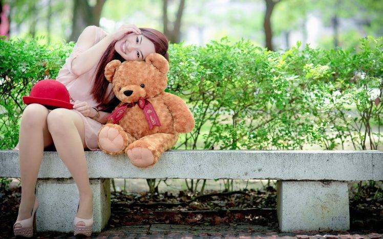 Asian, Women, Bench, Teddy Bears, Smiling HD Wallpaper Desktop Background