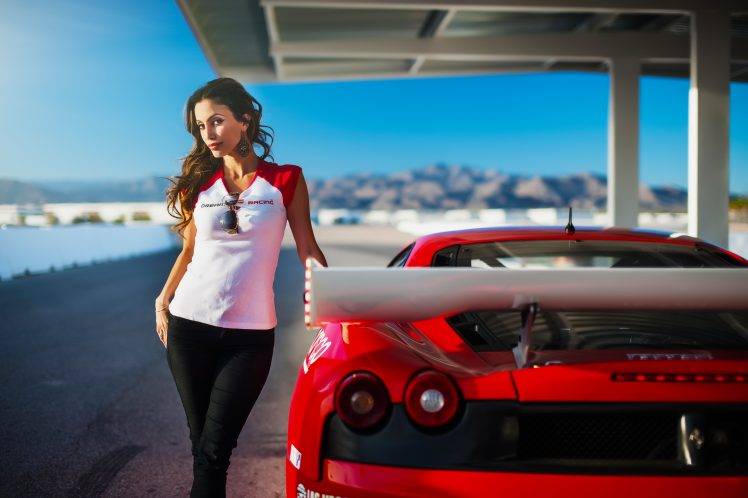 Janice Kakish, Women, Model, Brunette, Bare Shoulders, Looking At Viewer, Women With Cars, Human Body, T shirt, Pants, Car, Ferrari, F430, Ferrari F430, Red HD Wallpaper Desktop Background