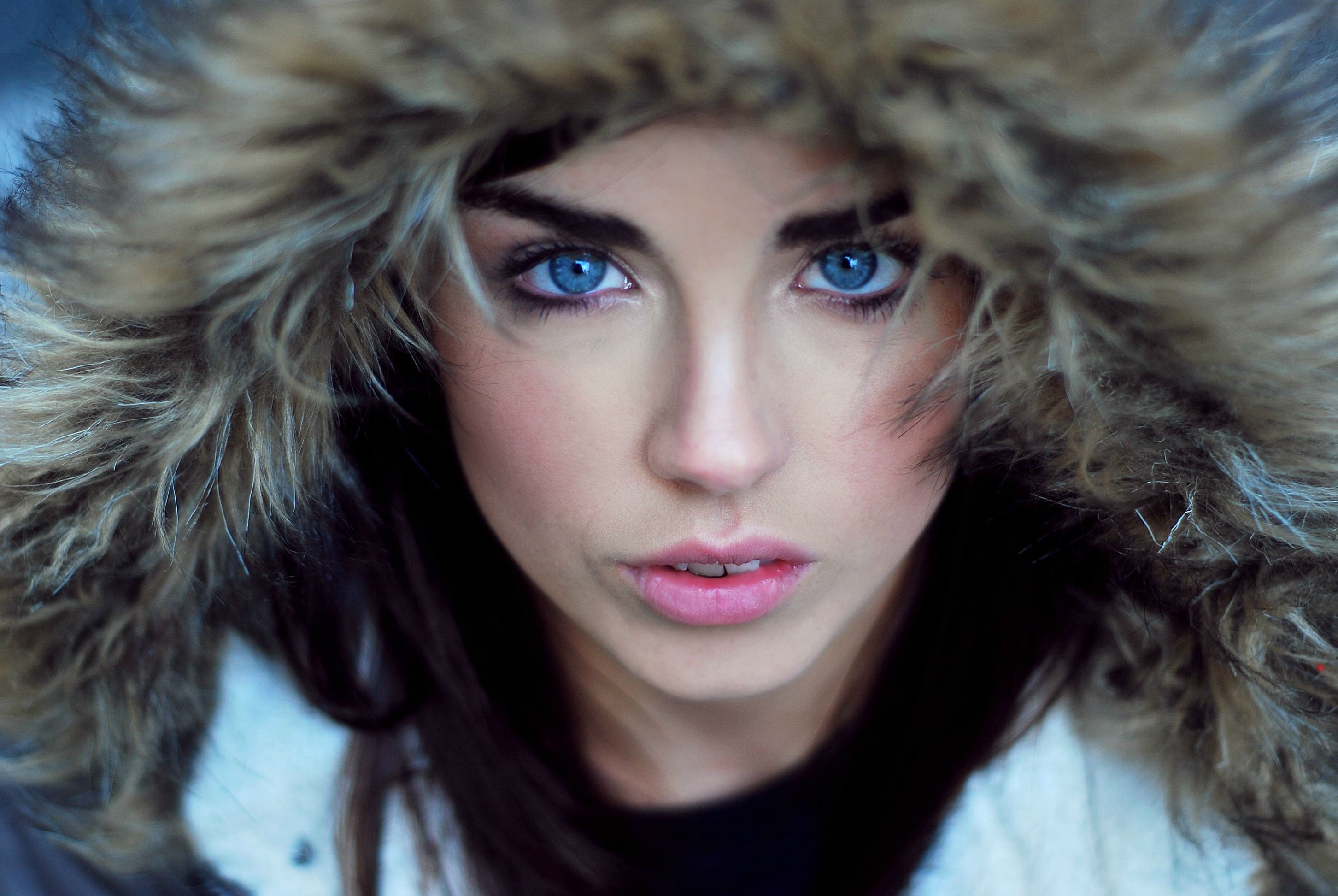 women, Blue Eyes, Looking At Viewer, Women Outdoors, Fluffy Hat Wallpaper