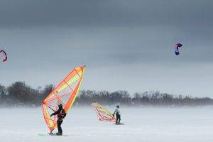 men, Nature, Landscape, Sports, Sky, Kite Surfing, Winter, Snow, Parachutes, Trees, Windy