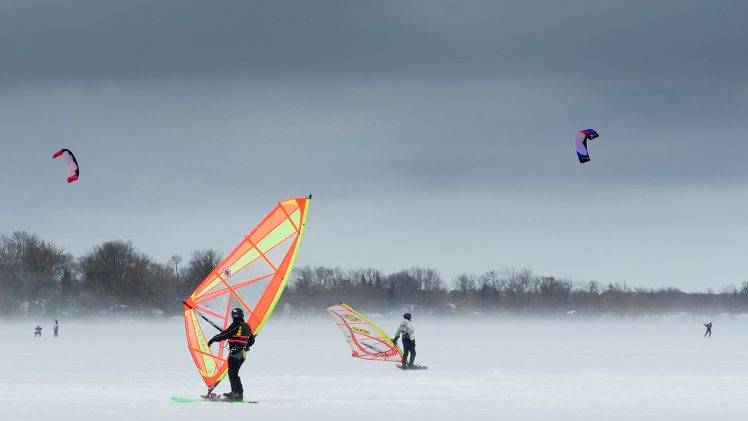 men, Nature, Landscape, Sports, Sky, Kite Surfing, Winter, Snow, Parachutes, Trees, Windy HD Wallpaper Desktop Background
