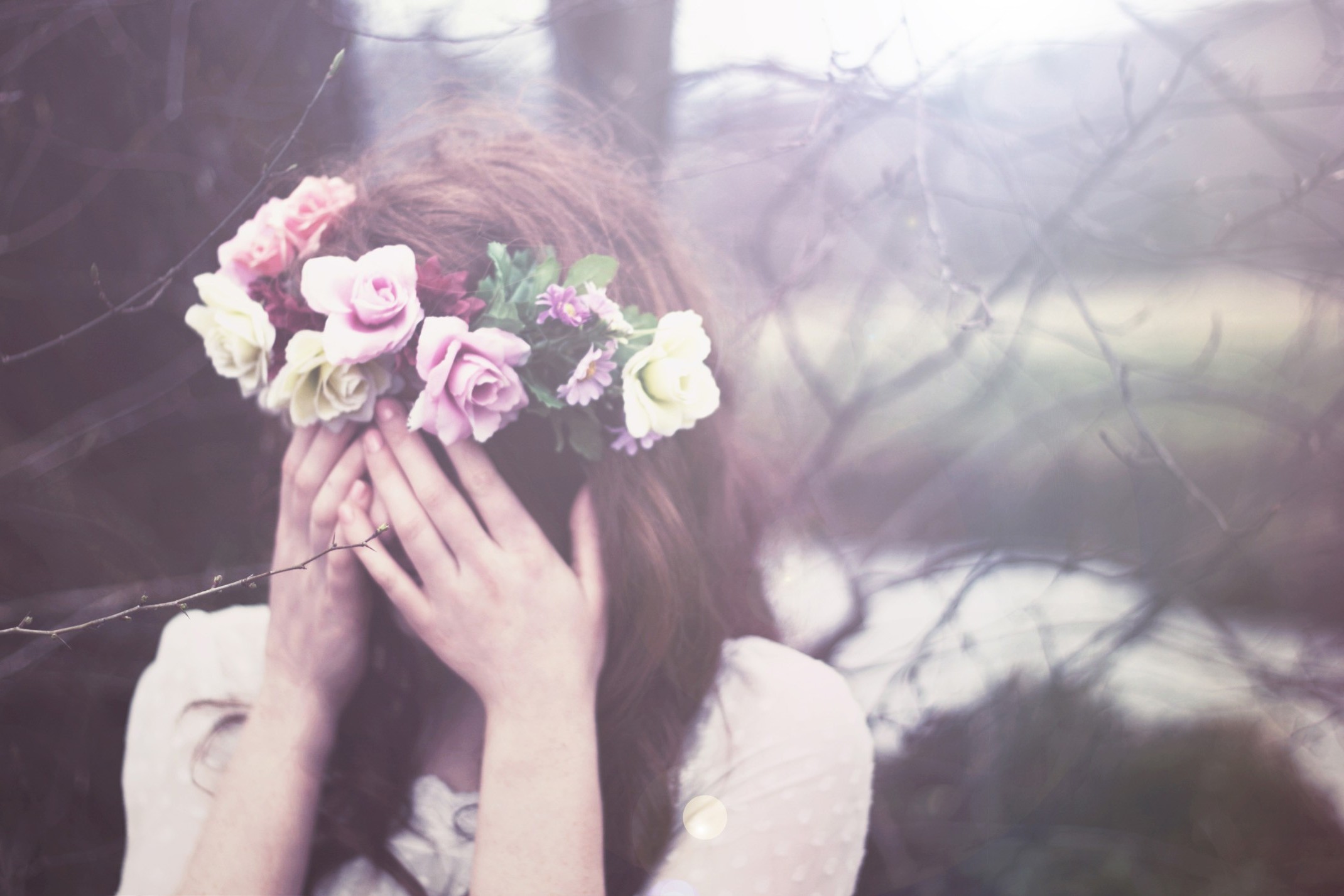 women, Women Outdoors, Brunette, Flower In Hair, Covering Face Wallpaper