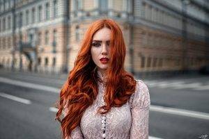 women, Model, Redhead, Long Hair, Women Outdoors, Looking At Viewer, Open Mouth, Blue Eyes, Georgy Chernyadyev, Hair In Face, Wavy Hair, Red Lipstick, Street, Building, Urban, White Clothing, Windy