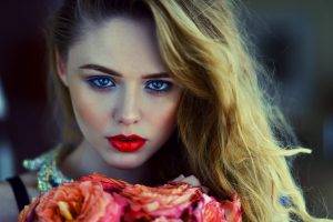 women, Looking At Viewer, Blue Eyes, Face, Flowers, Red Lipstick, Piercing Eyes