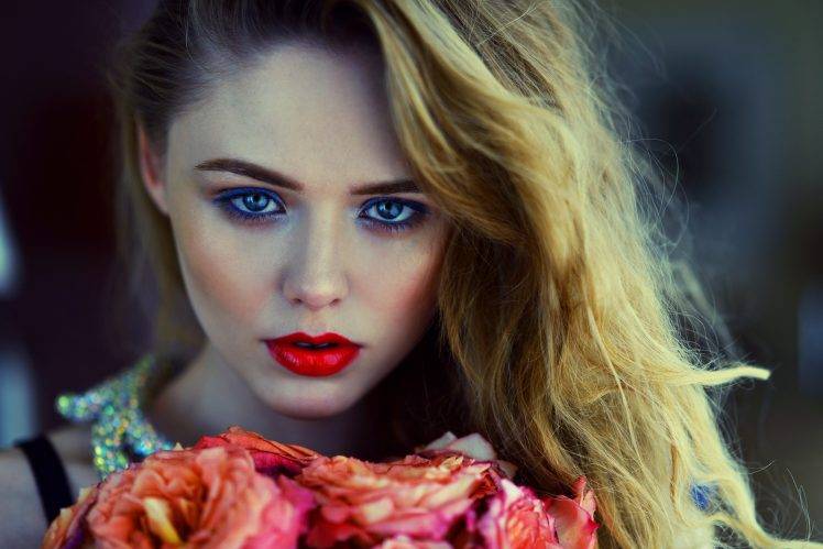 women, Looking At Viewer, Blue Eyes, Face, Flowers, Red Lipstick, Piercing Eyes HD Wallpaper Desktop Background