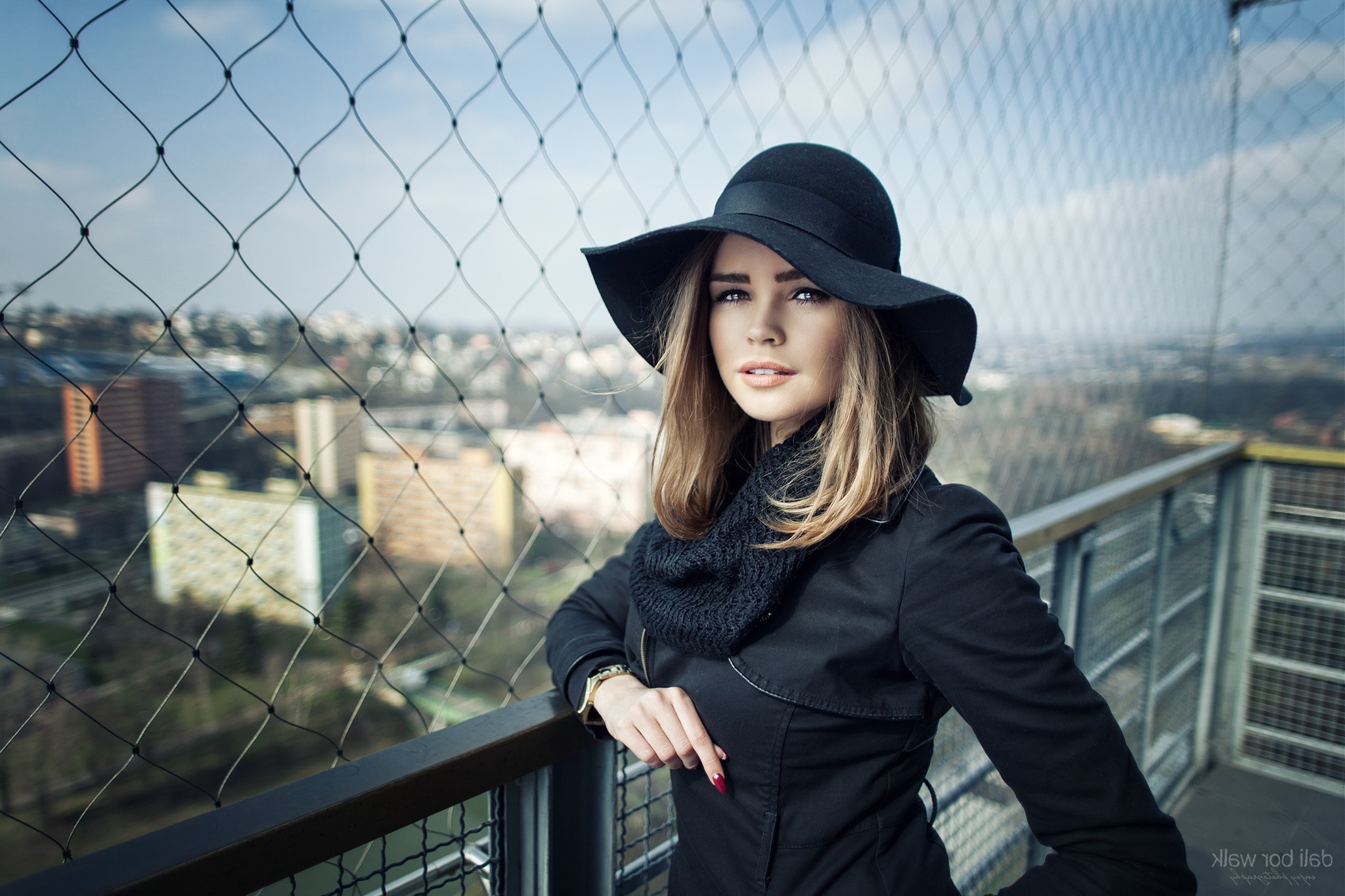women, Blonde, Face, Women Outdoors, Brown Eyes, Portrait, Black Clothing, Hat, Red Nails, Rooftops, Depth Of Field Wallpaper