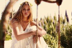 Jennifer Lawrence, Actress, Blonde, Women, Flower In Hair, White Dress