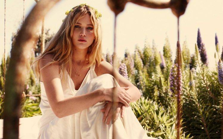 Jennifer Lawrence, Actress, Blonde, Women, Flower In Hair, White Dress HD Wallpaper Desktop Background
