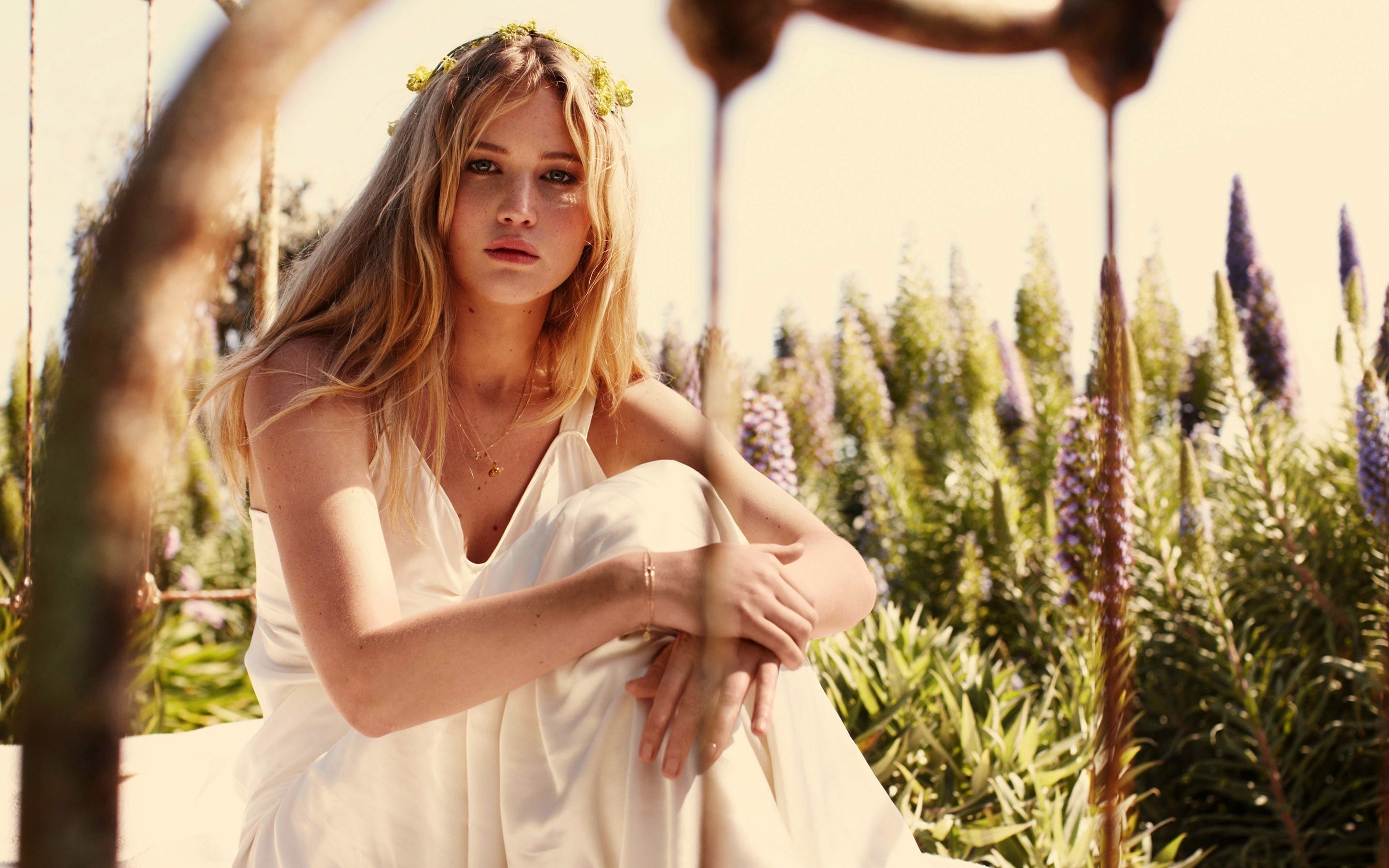 Jennifer Lawrence, Actress, Blonde, Women, Flower In Hair, White Dress Wallpaper