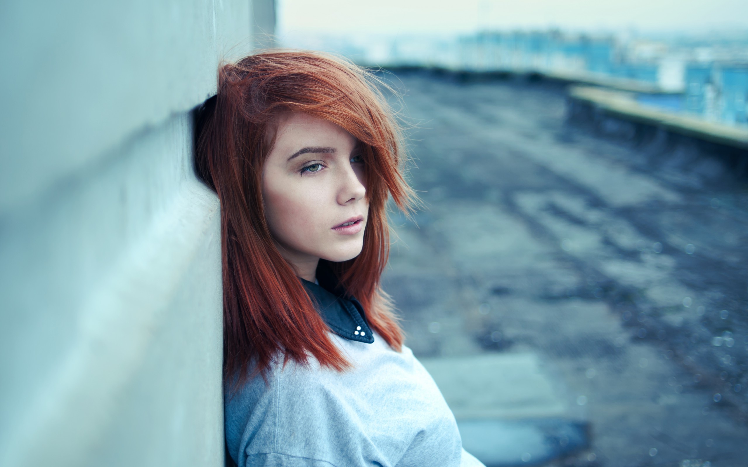 women, Redhead, Blue Eyes, Looking Away, Face, Hair In Face, Against Wall Wallpaper
