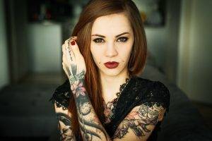 women, Tattoos, Face, Brunette, Looking At Viewer, Brown Eyes, Piercing, Red Nails