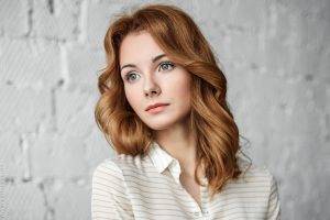women, Redhead, Face, Blue Eyes, Looking Away, Against Wall, Striped Clothing