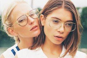 women, Women With Glasses, Brunette, Blonde, Looking Away, Looking  Over Shoulder, Face, Looking At Viewer, Braids, Glasses, Field, Sunlight