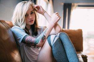 women, Blonde, Looking At Viewer, Tattoo, Knee highs, Couch