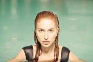 women, Redhead, Wet Hair, Looking At Viewer, Face, Swimming Pool