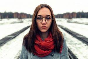 women, Women Outdoors, Brunette, Women With Glasses, Looking At Viewer, Blue Eyes, Face, Winter, Scarf, Glasses