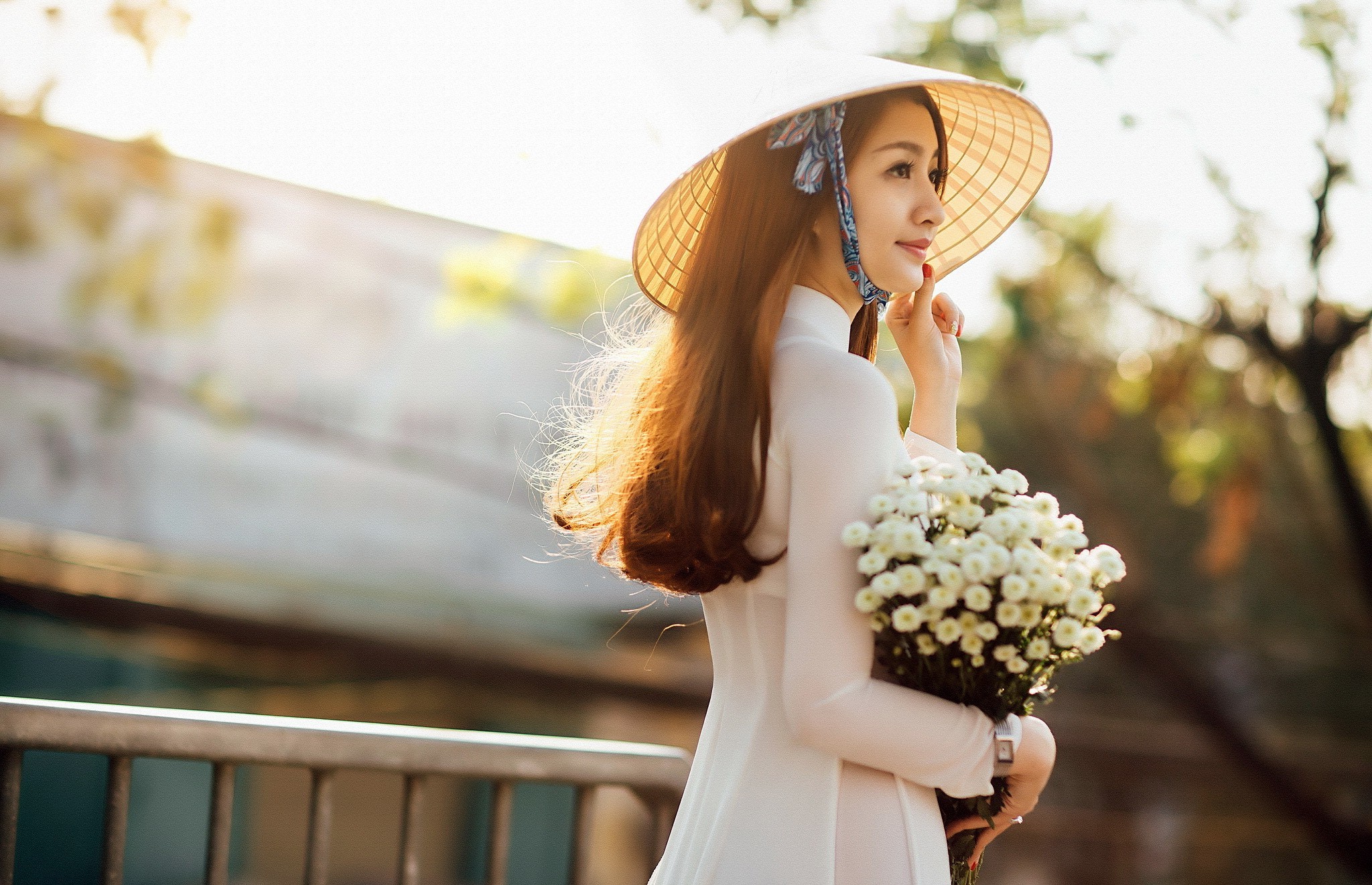 Asian, Women, Model, Hat, Flowers Wallpaper