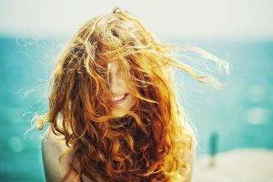 women, Redhead, Curly Hair, Hair In Face, Freckles, Face, Smiling, Windy