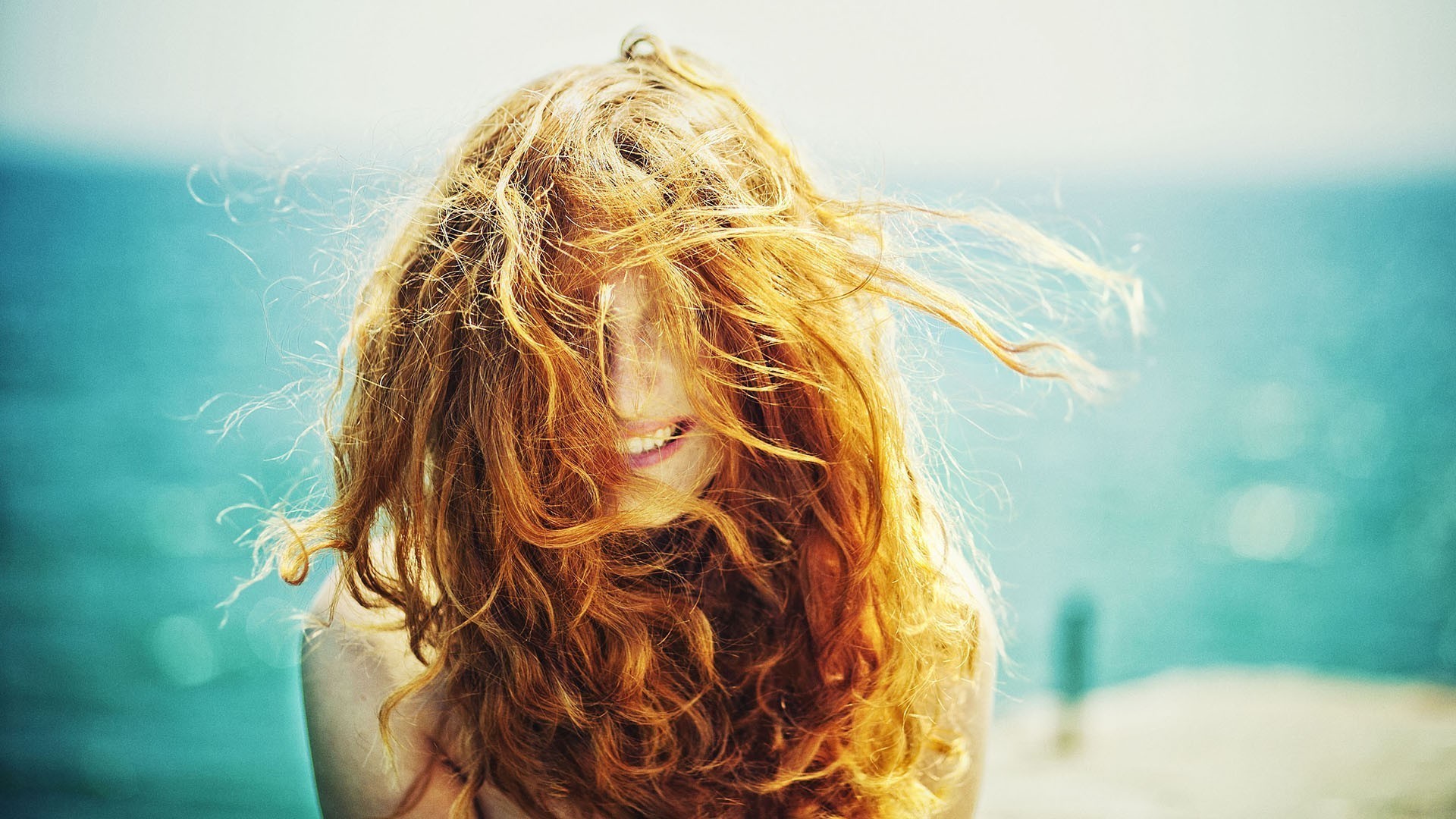 women, Redhead, Curly Hair, Hair In Face, Freckles, Face, Smiling, Windy Wallpaper