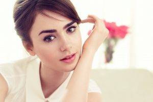 women, Lily Collins, Brunette, Looking At Viewer, Face, Hand On Face, Brown Eyes