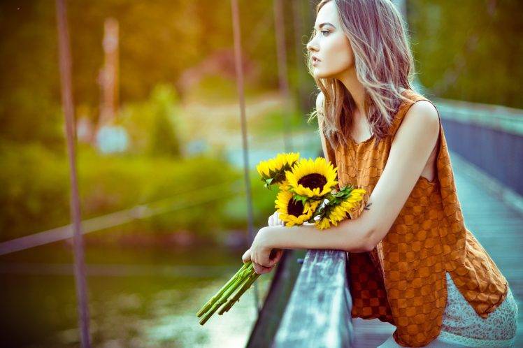 model, Women, Women Outdoors, Sunflowers, Flowers HD Wallpaper Desktop Background