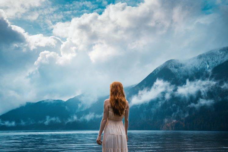 women Outdoors, Redhead, Nature, Clouds, Mountains, Lake, Water, Dress HD Wallpaper Desktop Background