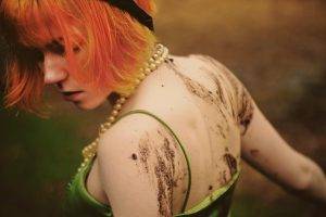 women, Redhead, Women Outdoors, Dyed Hair, Back, Pearl Necklace, Dirty