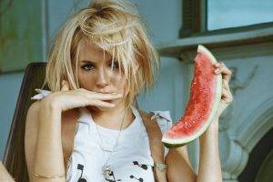 women, Blonde, Sienna Miller, Celebrity, Actress, Finger On Lips, Hair In Face, Watermelons, Eating, Suspenders