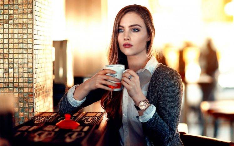 women, Model, Redhead, Long Hair, Alessandro Di Cicco, Looking Away, Blue Eyes, Open Mouth, Sitting, Cup, Blouses, Sweater, Watches, Depth Of Field, Restaurant HD Wallpaper Desktop Background