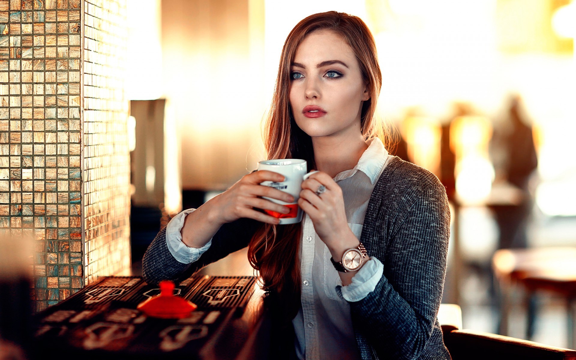 women, Model, Redhead, Long Hair, Alessandro Di Cicco, Looking Away, Blue Eyes, Open Mouth, Sitting, Cup, Blouses, Sweater, Watches, Depth Of Field, Restaurant Wallpaper
