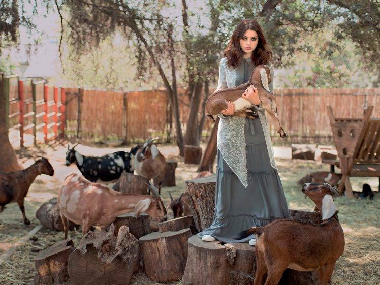 women, Model, Brunette, Animals, Goats, Dress HD Wallpaper Desktop Background