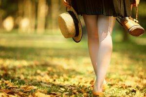 women, Legs, Women Outdoors, Hat, Leaves, Depth Of Field, Skirt