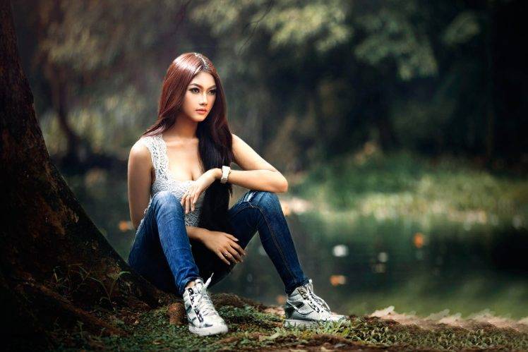 Asian, Women Outdoors, Model, Sitting, Redhead, Women, Long Hair, Jeans, Shoes HD Wallpaper Desktop Background