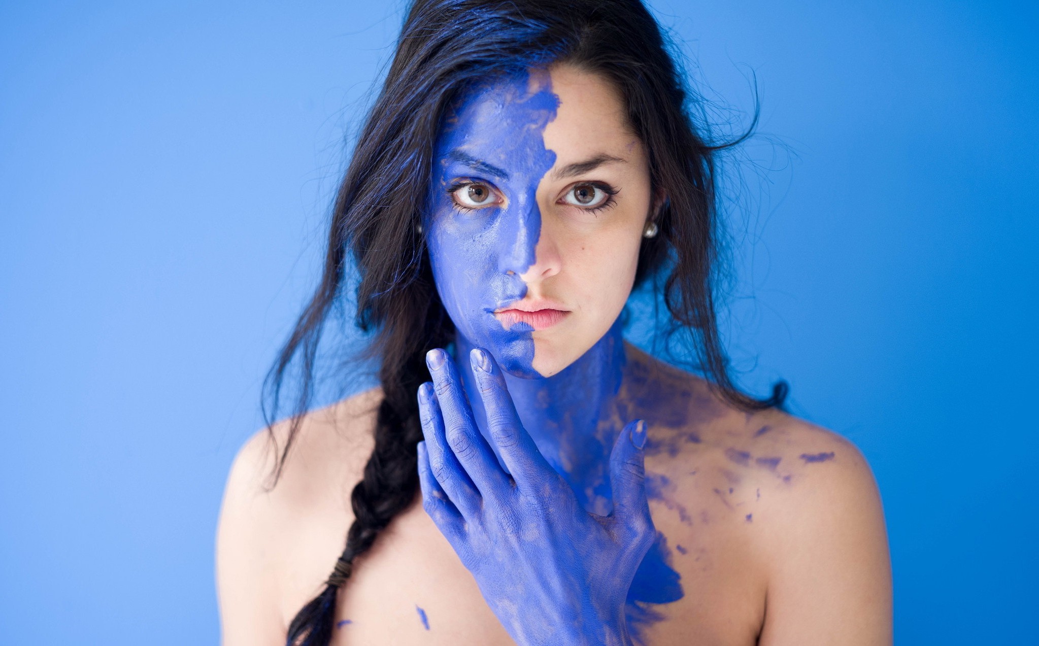 face, Women, Model, Body Paint, Portrait, Blue Wallpaper