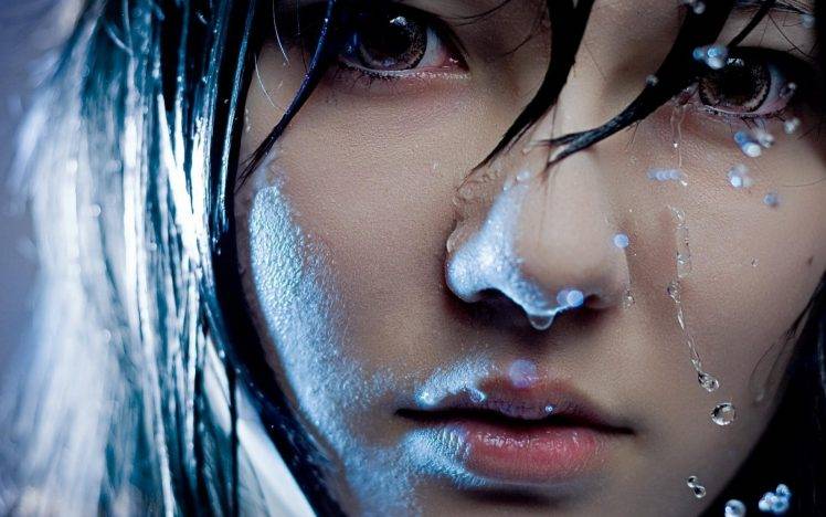 women, Model, Brunette, Face, Long Hair, Looking At Viewer, Wet Hair, Portrait, Wet, Lights, Water Drops, Depth Of Field HD Wallpaper Desktop Background