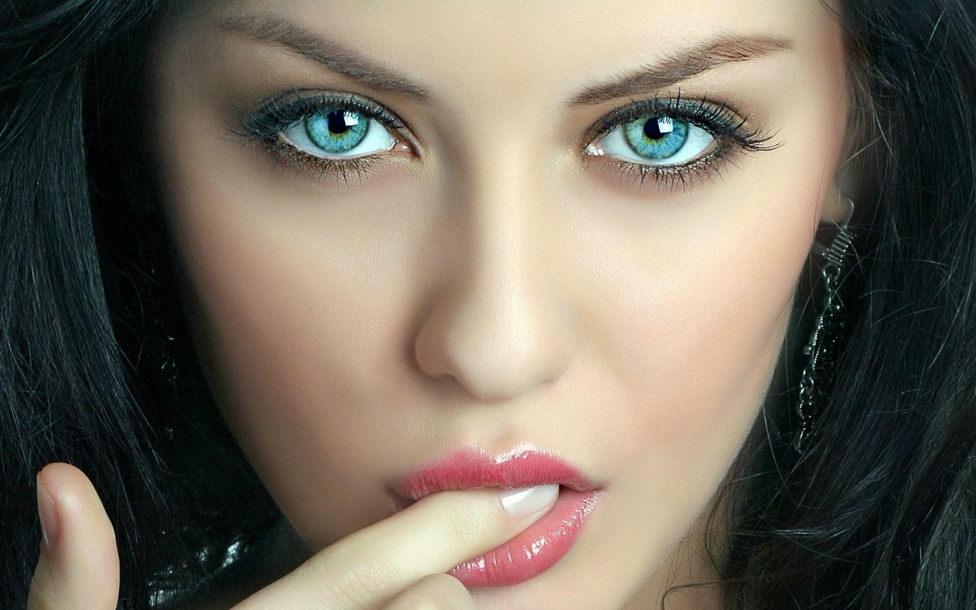 Women Model Brunette Face Long Hair Looking At Viewer Finger In Mouth Blue Eyes Dark 0958