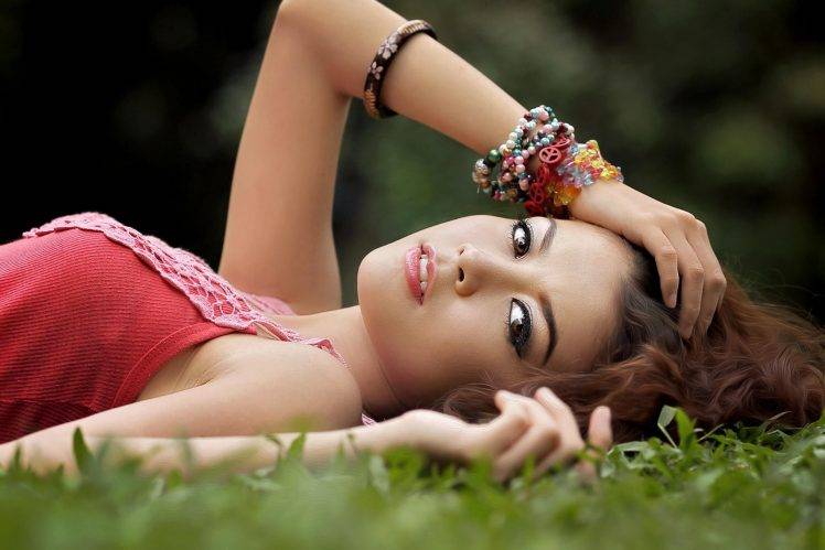 Asian Women Model Long Hair Brunette Women Outdoors Face Lyin