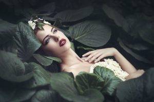 women, Model, Fantasy Art, Flowers, Leaves