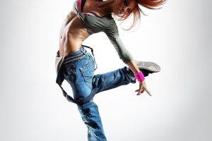 women, Model, Redhead, Long Hair, Flat Belly, Portrait Display, Jeans, Jumping, Dancing, Sneakers, Simple Background