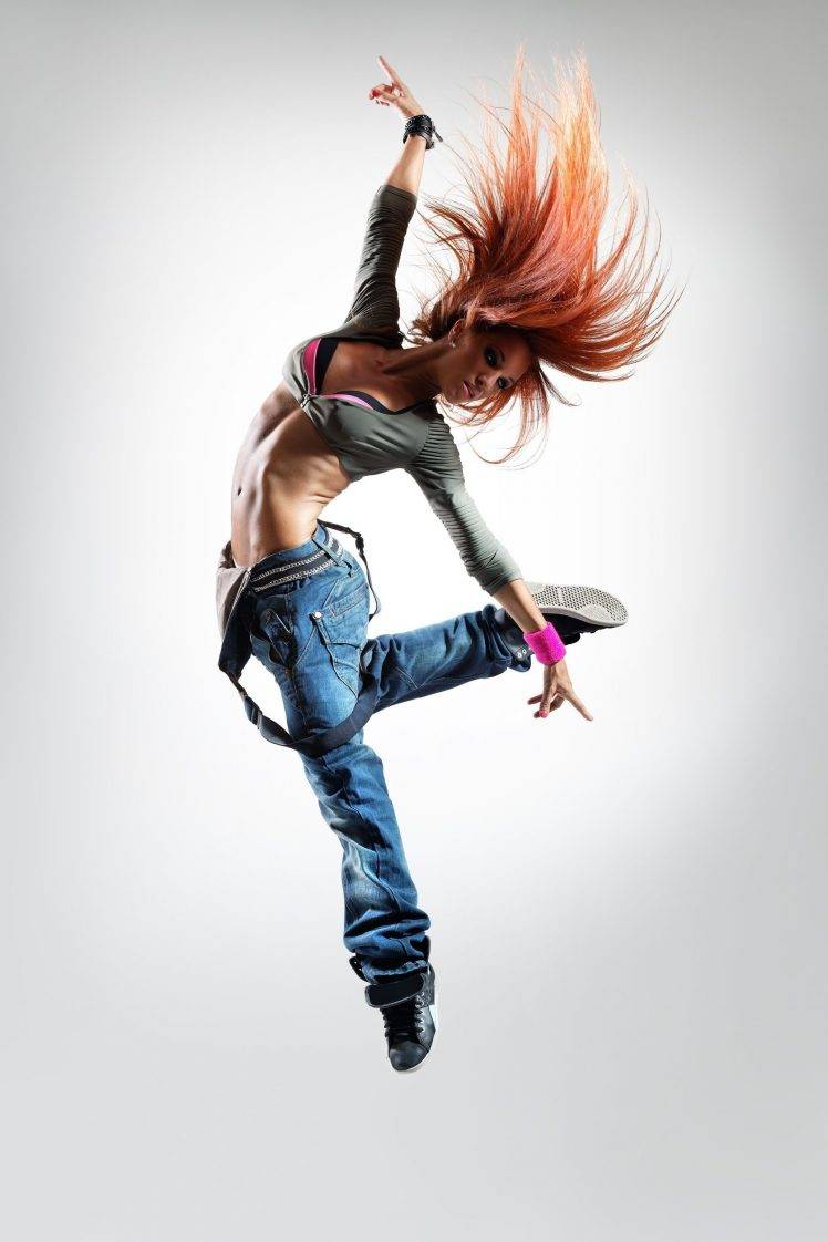 women, Model, Redhead, Long Hair, Flat Belly, Portrait Display, Jeans, Jumping, Dancing, Sneakers, Simple Background HD Wallpaper Desktop Background