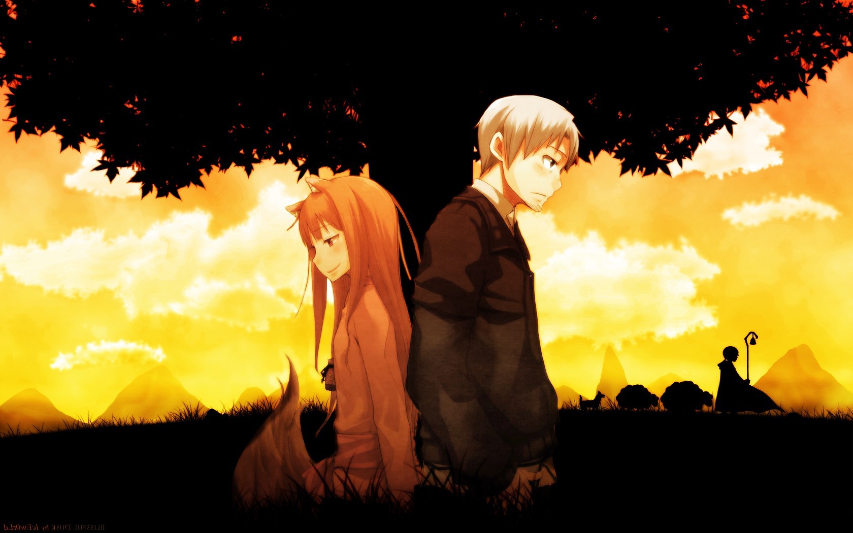 Spice And Wolf, Holo, Anime, Silhouette, Trees, Redhead, White Hair Wallpaper