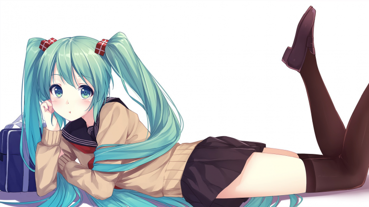 Hatsune Miku, Vocaloid, School Uniform, Minimalism, Thigh highs HD Wallpaper Desktop Background
