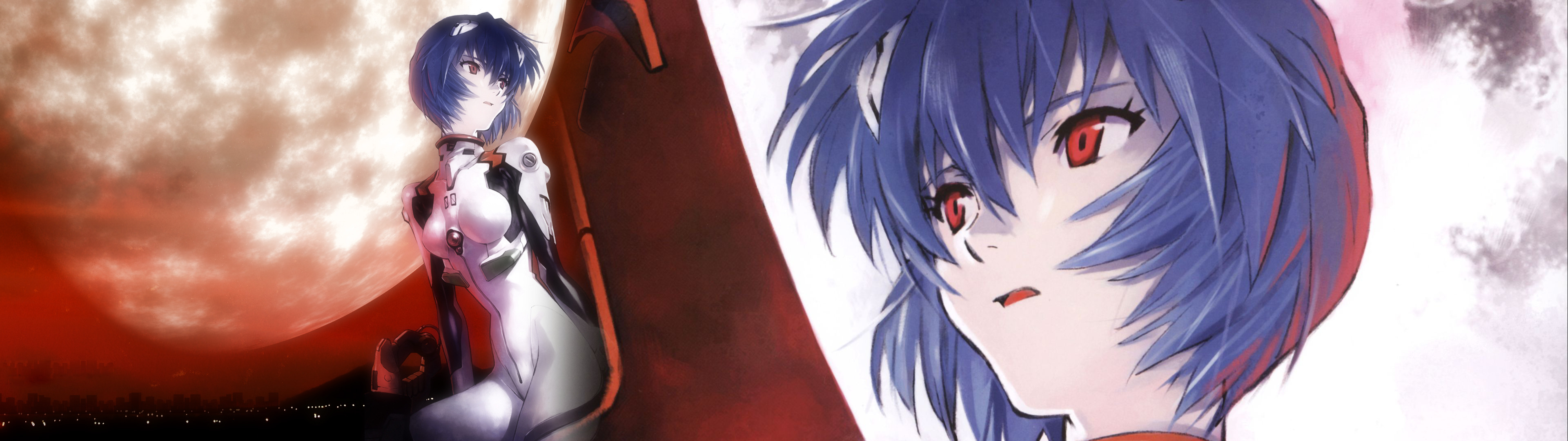 Ayanami Rei, Neon Genesis Evangelion, Moon, Face, Anime Girls, Sitting, Red Eyes, Blue Hair, Plugsuit Wallpaper