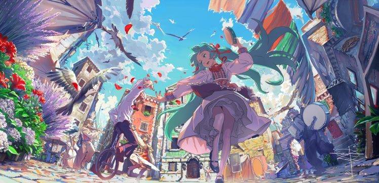 festivals, Anime Girls, Birds, Dancing, Musical Instrument, Flowers HD Wallpaper Desktop Background